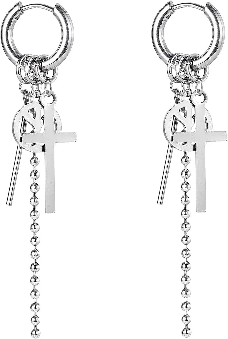 Rockyu Men's Earrings Black Ring Titanium Cross Earrings Cross Earrings Cross Earrings Hoop Earrings Silver Chain Fashion Accessories Stainless Steel