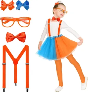 RolePlay Costume for Kids Accessories Set for Toddlers Include - Toddlers Orange Blue Dress Outfit, Suspender Bow Tie Blue Orange Hairpins Tutu Skirt Socks for Kids