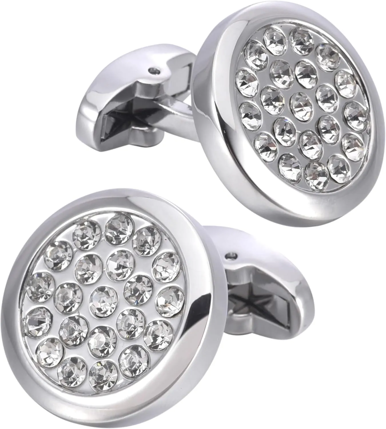 Round Transparent Crystals Mens Cufflinks In Gift Case Silver Tone Gemstone Cufflinks for Men Jewelry for Wedding Party Business Birthday Anniversary Dress