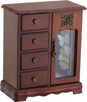 RR ROUND RICH DESIGN Solid Wooden Jewelry Box Makeup and Organizer Women Ring Storage with 4-Drawers Built-in Necklace Carousel and Mirror Brown