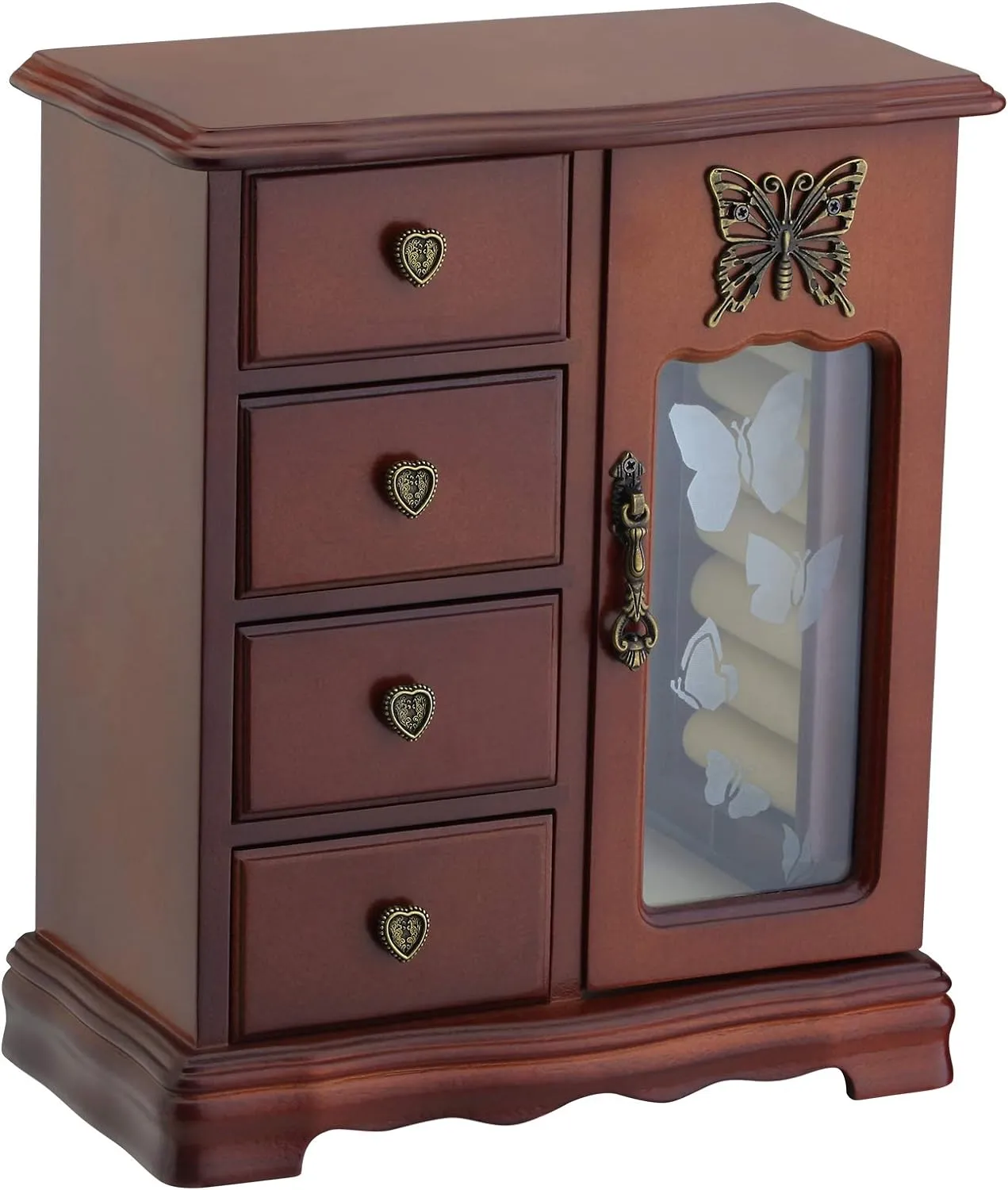 RR ROUND RICH DESIGN Solid Wooden Jewelry Box Makeup and Organizer Women Ring Storage with 4-Drawers Built-in Necklace Carousel and Mirror Brown