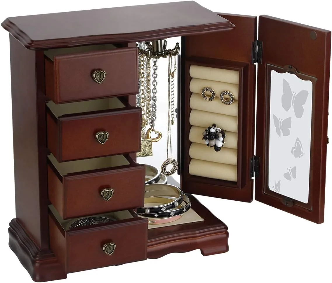 RR ROUND RICH DESIGN Solid Wooden Jewelry Box Makeup and Organizer Women Ring Storage with 4-Drawers Built-in Necklace Carousel and Mirror Brown