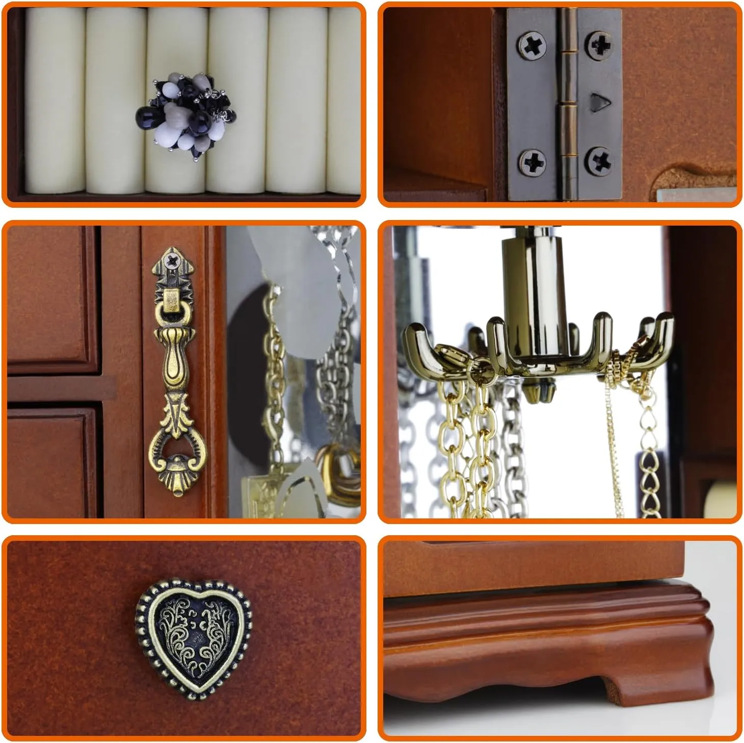 RR ROUND RICH DESIGN Solid Wooden Jewelry Box Makeup and Organizer Women Ring Storage with 4-Drawers Built-in Necklace Carousel and Mirror Brown