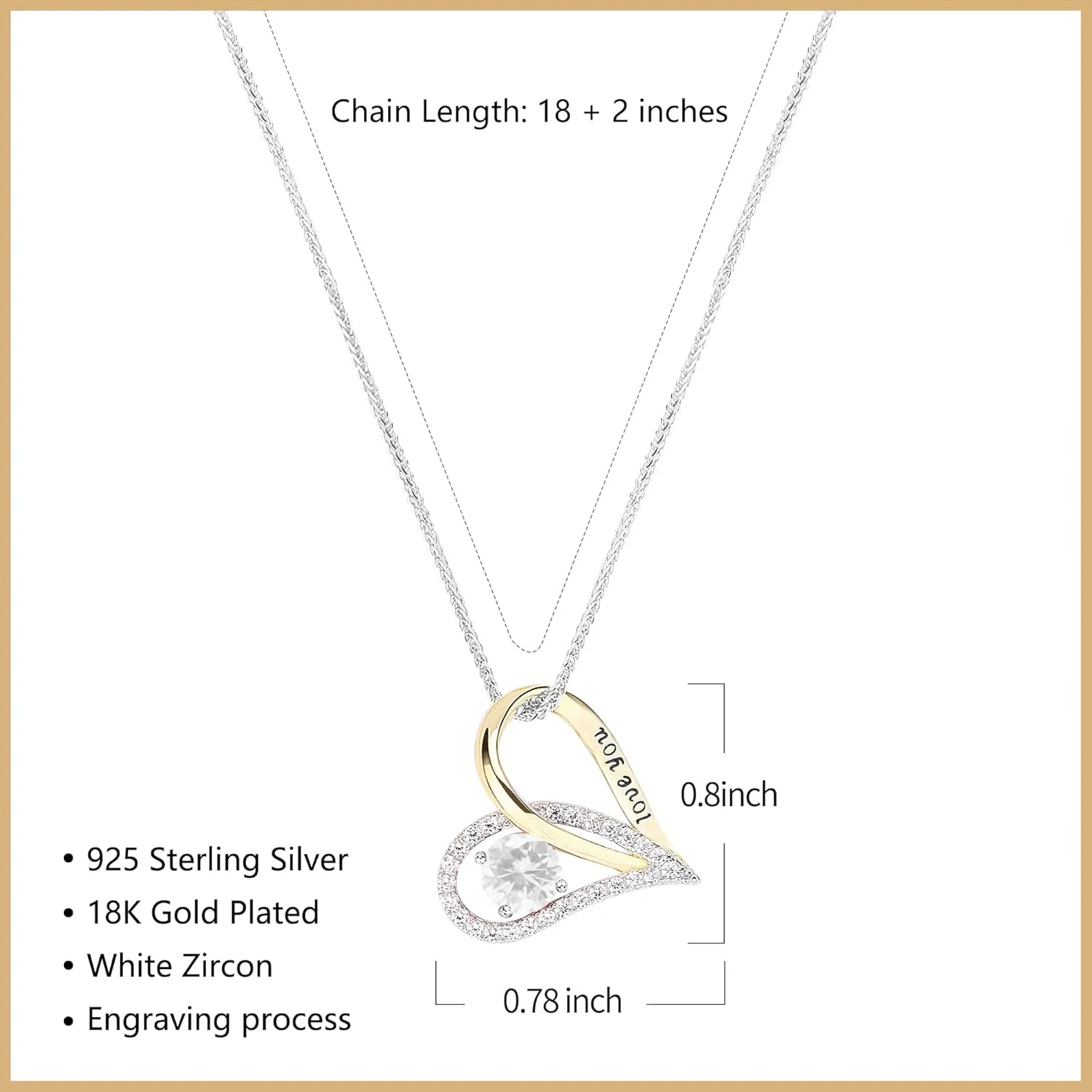 S925 Sterling Silver Two?Tone Gold Heart Pendant Necklace | 18?? 2?? Adjustable Necklace for Women with Bonus S925 Silver Two?Tone Chain