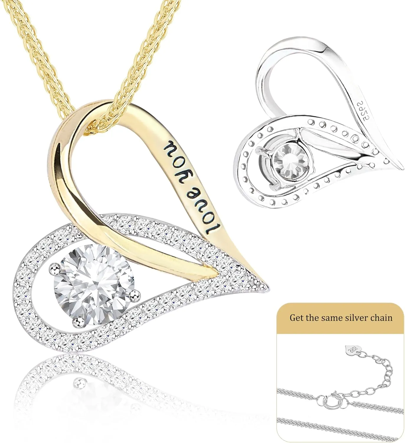 S925 Sterling Silver Two?Tone Gold Heart Pendant Necklace | 18?? 2?? Adjustable Necklace for Women with Bonus S925 Silver Two?Tone Chain
