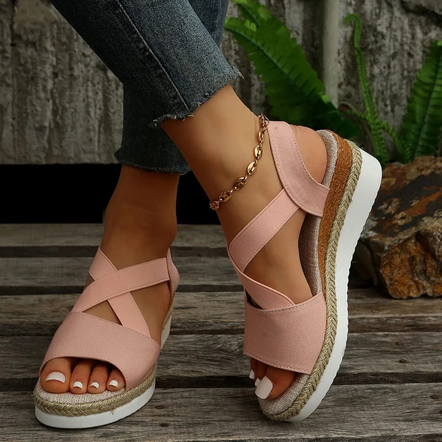 Sandals for Women, Dressy Platform Espadrilles Open Toe Wedges Sandals Ankle Strap Slip On Orthopedic Sandals