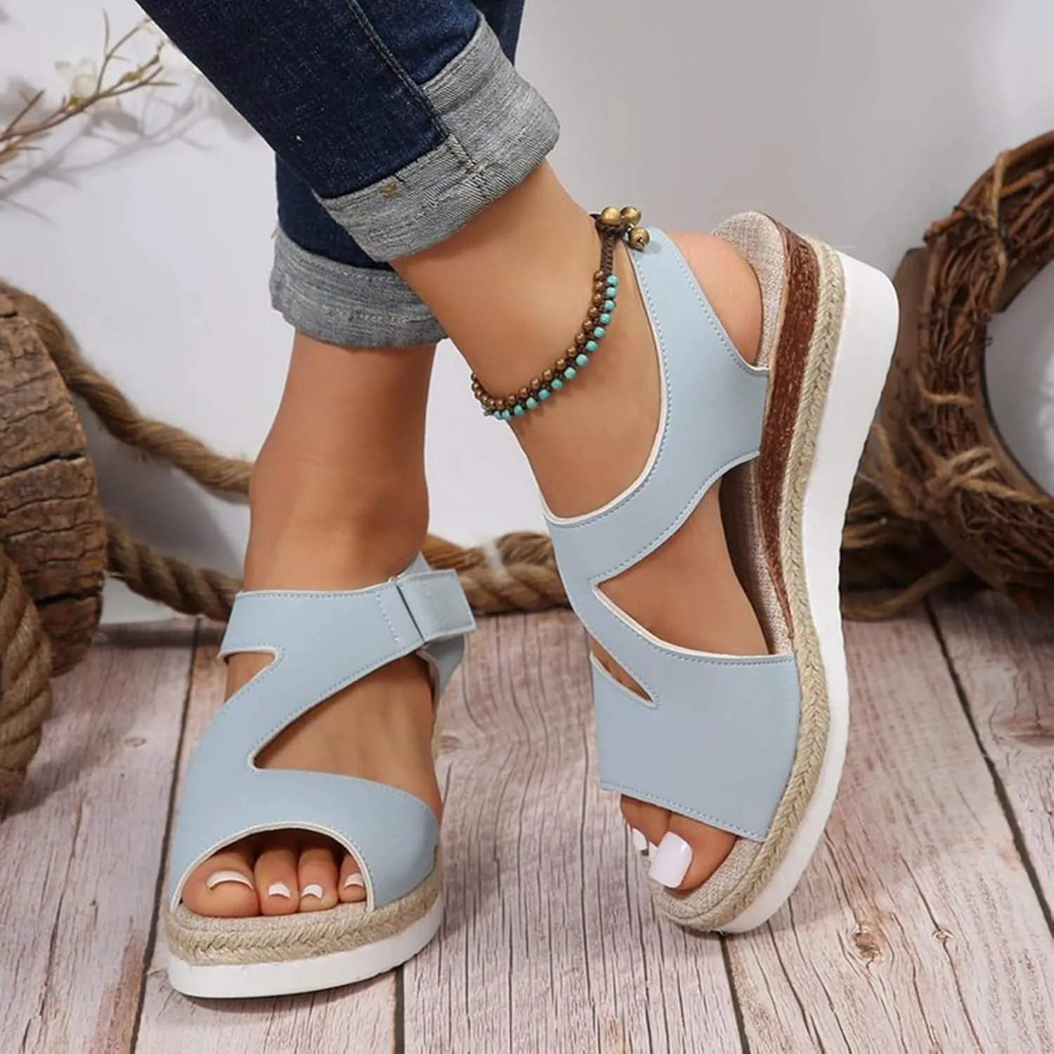 Sandals for Women Orthopedic Shoes Open Toe Espadrilles Wedge Sandals Dressy Summer Comfortable Casual Beach Walking Platform Sandals with Adjustable Hook Loop
