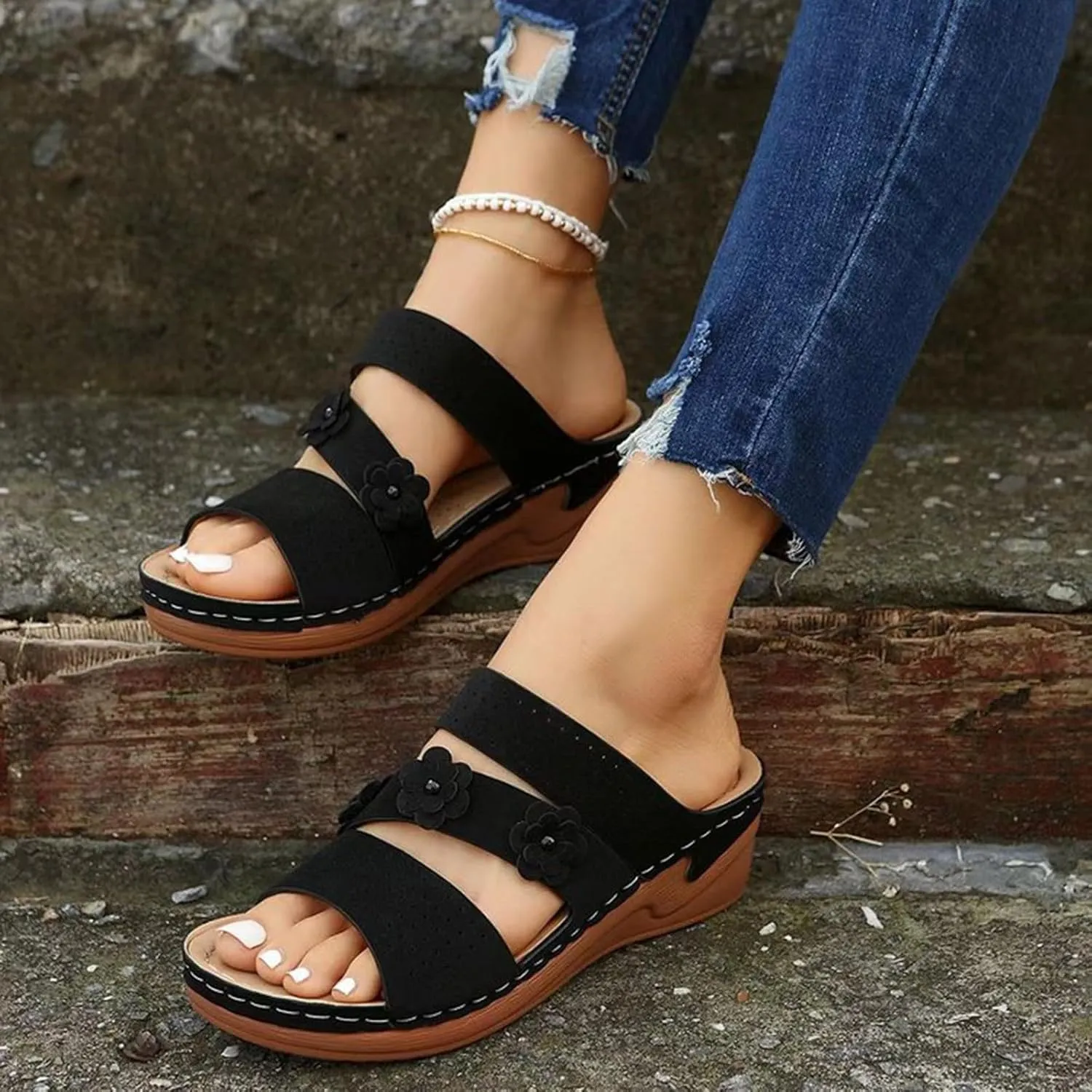 Sandals for Women Wedge Shoes Comfortable Orthopedic Sandals Womens Dressy Summer Walking Wedges, Casual Flower Strap Platform Arch Support Slippers Slip on Walking Shoes