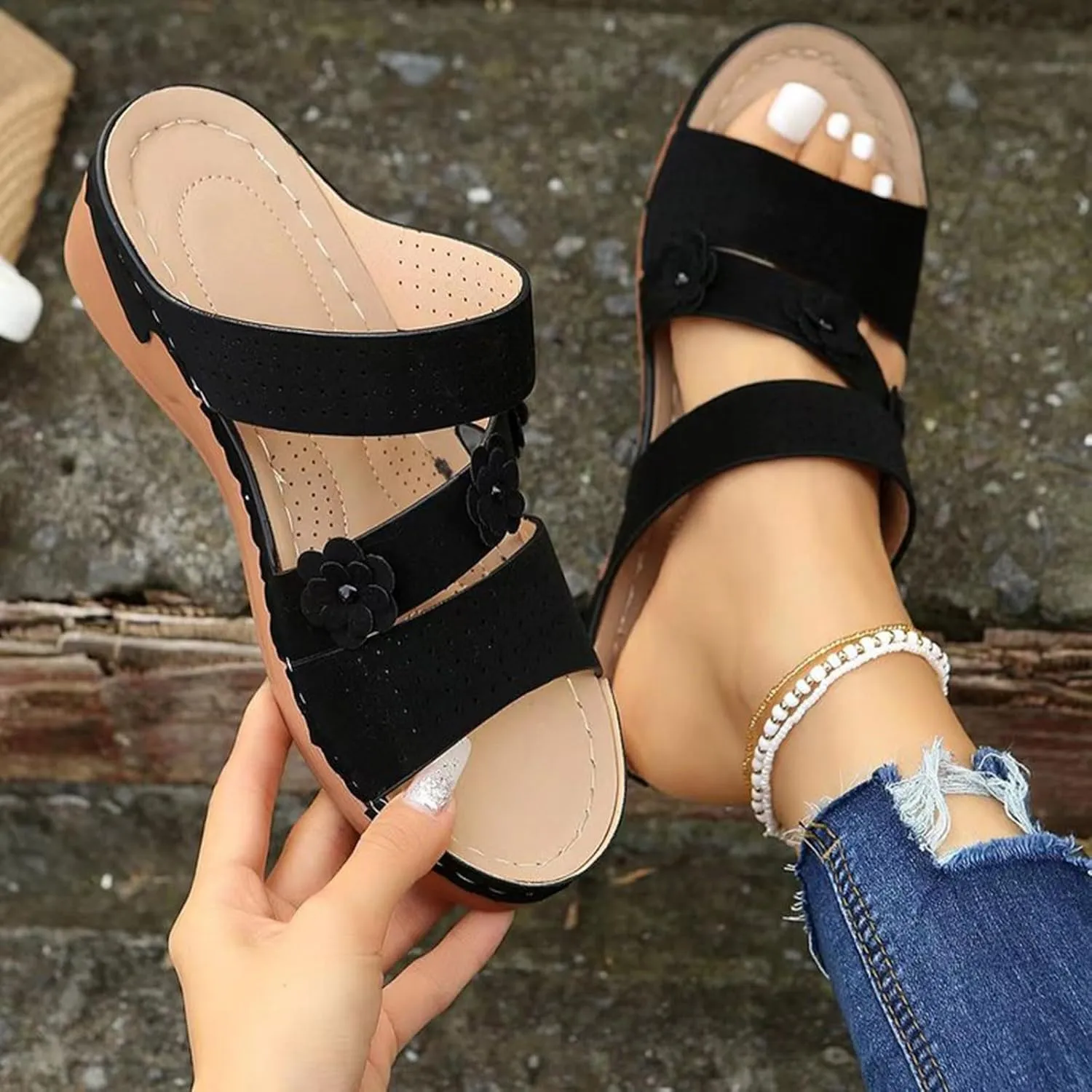 Sandals for Women Wedge Shoes Comfortable Orthopedic Sandals Womens Dressy Summer Walking Wedges, Casual Flower Strap Platform Arch Support Slippers Slip on Walking Shoes