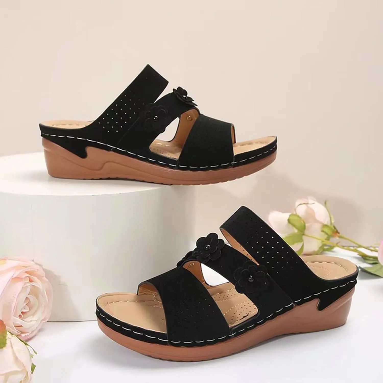 Sandals for Women Wedge Shoes Comfortable Orthopedic Sandals Womens Dressy Summer Walking Wedges, Casual Flower Strap Platform Arch Support Slippers Slip on Walking Shoes