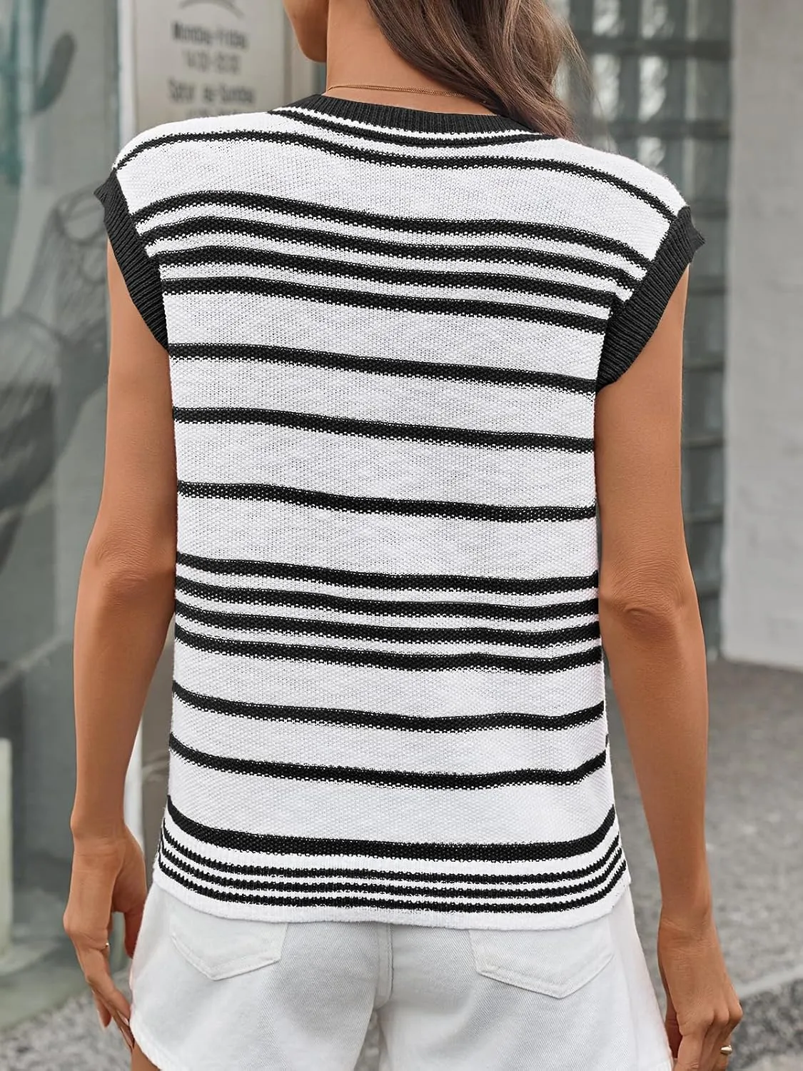 Saodimallsu Womens Striped Sweater Vest Button Up V Neck Sleeveless Loose Knit Summer Trendy Tank Tops
