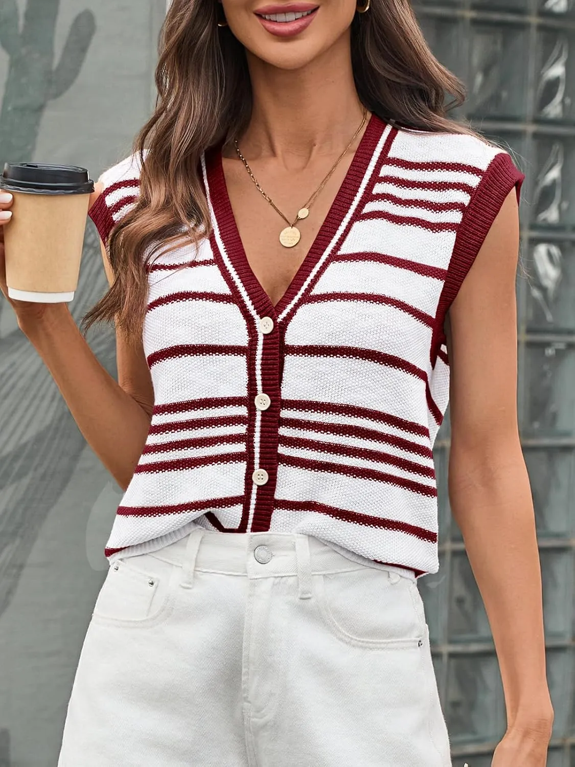 Saodimallsu Womens Striped Sweater Vest Button Up V Neck Sleeveless Loose Knit Summer Trendy Tank Tops