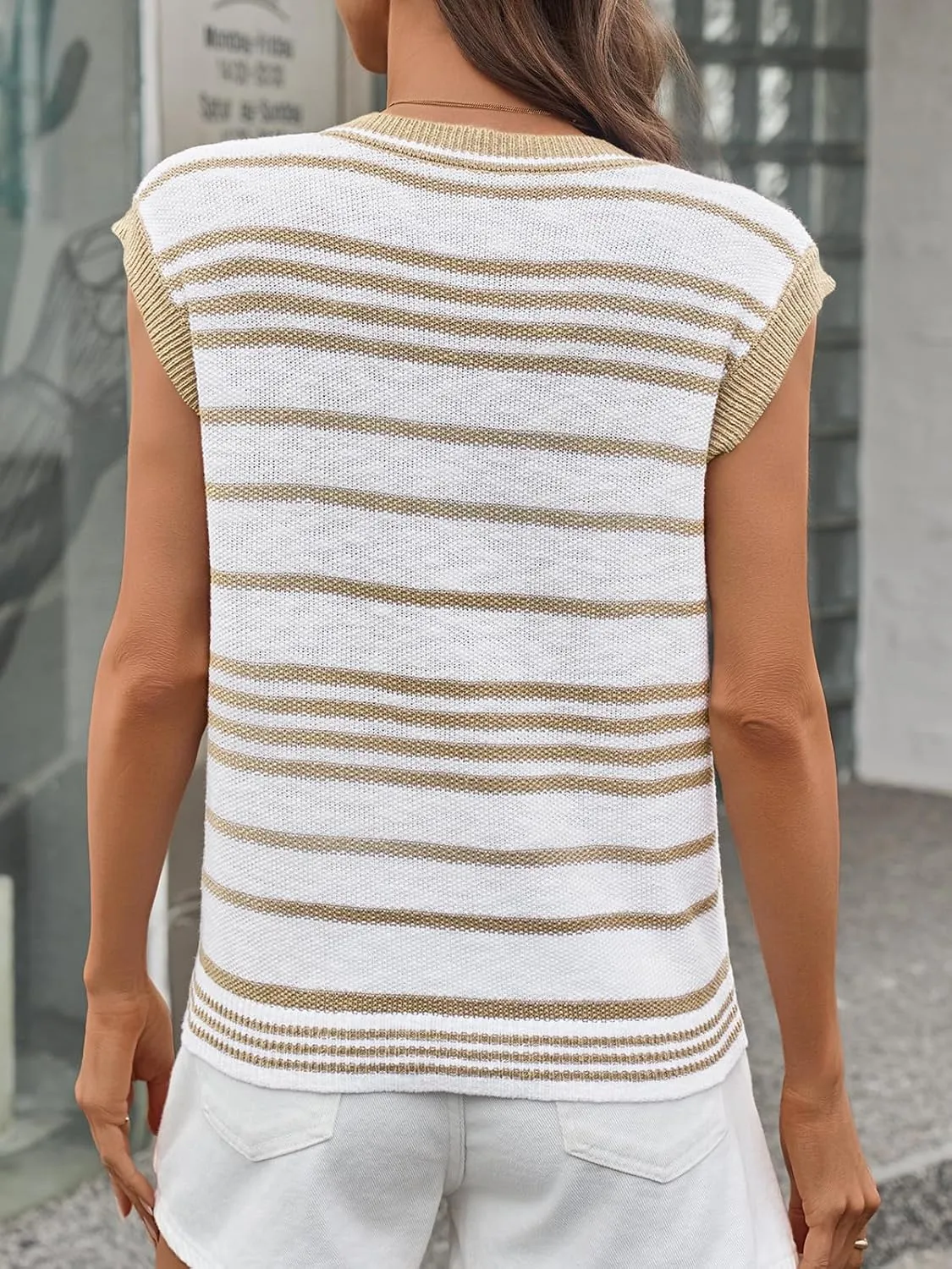 Saodimallsu Womens Striped Sweater Vest Button Up V Neck Sleeveless Loose Knit Summer Trendy Tank Tops