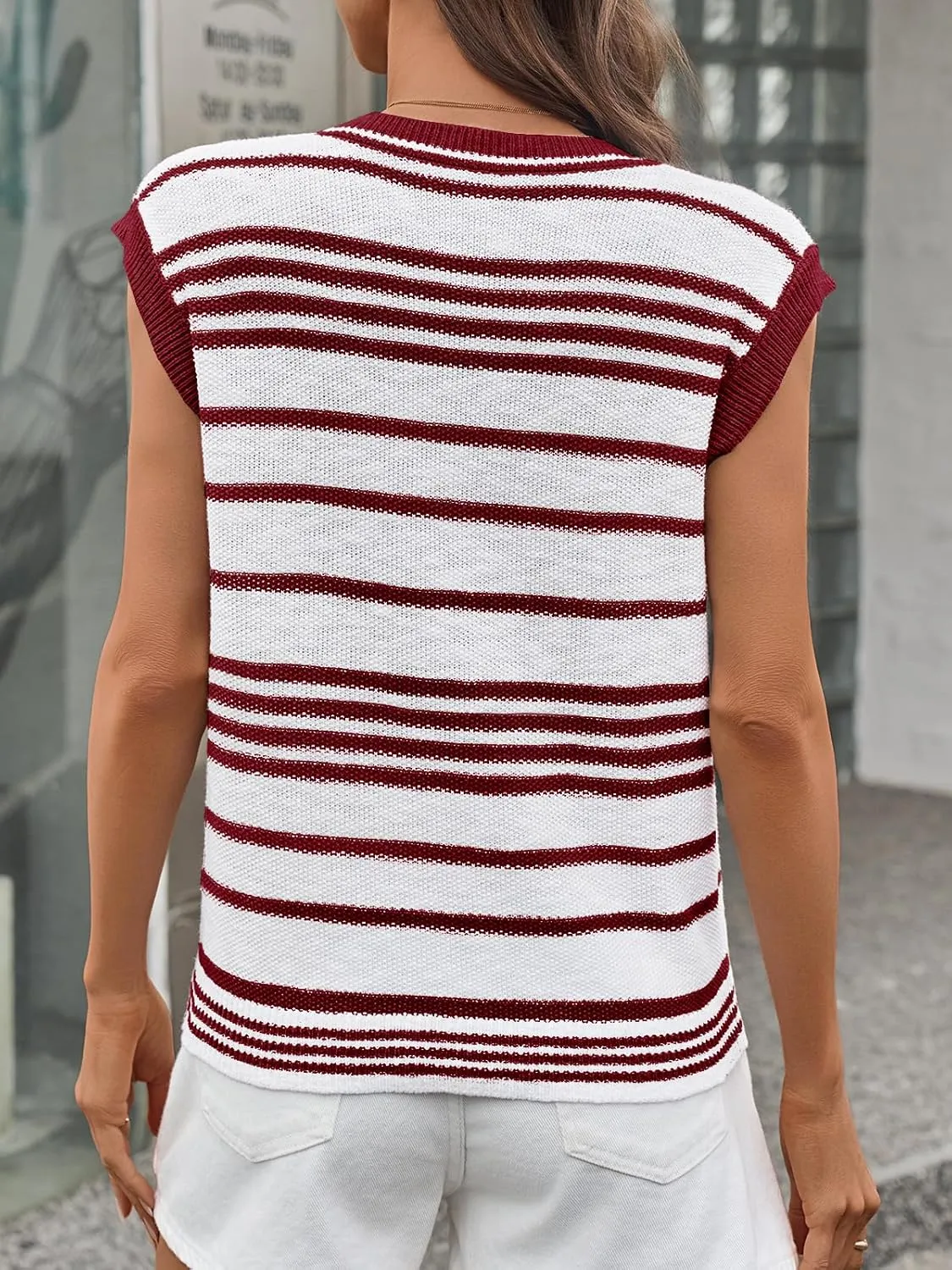 Saodimallsu Womens Striped Sweater Vest Button Up V Neck Sleeveless Loose Knit Summer Trendy Tank Tops
