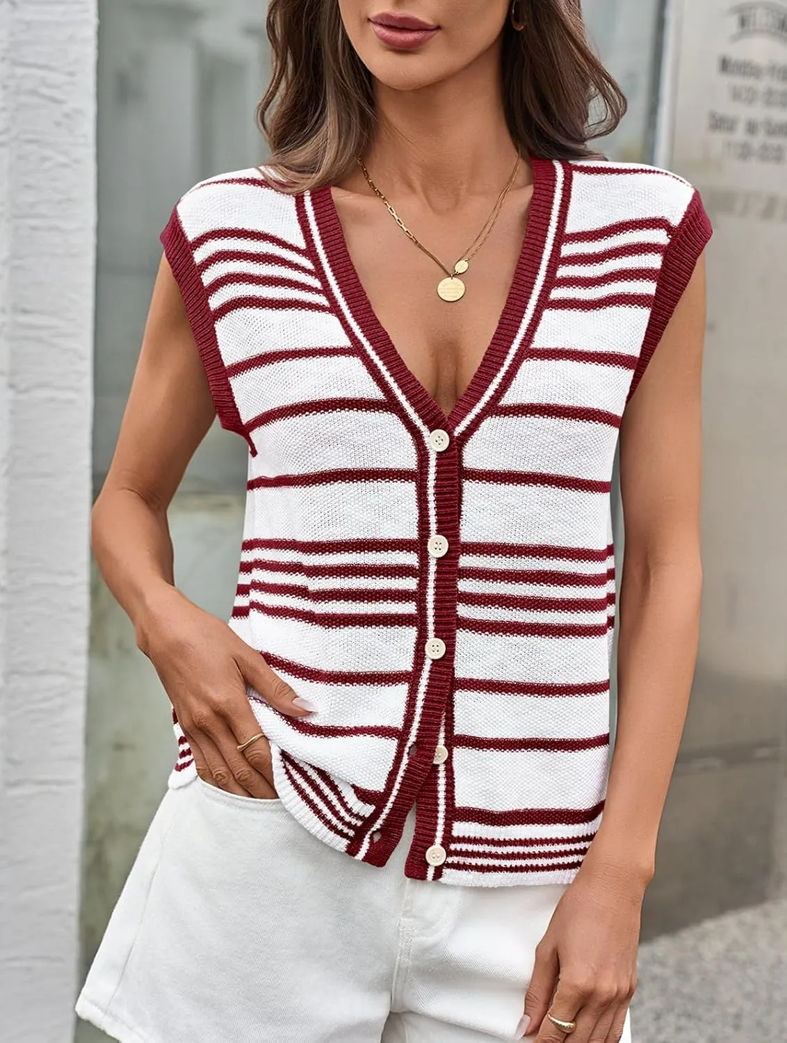 Saodimallsu Womens Striped Sweater Vest Button Up V Neck Sleeveless Loose Knit Summer Trendy Tank Tops