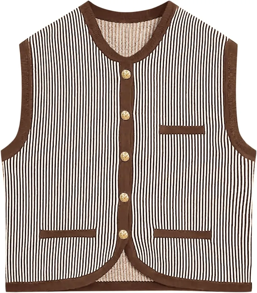 Saodimallsu Womens Striped Sweater Vest Sleeveless Button Down Trendy Color Block Crewneck Crop Knit Tank Tops