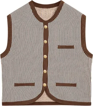 Saodimallsu Womens Striped Sweater Vest Sleeveless Button Down Trendy Color Block Crewneck Crop Knit Tank Tops