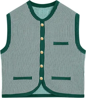 Saodimallsu Womens Striped Sweater Vest Sleeveless Button Down Trendy Color Block Crewneck Crop Knit Tank Tops