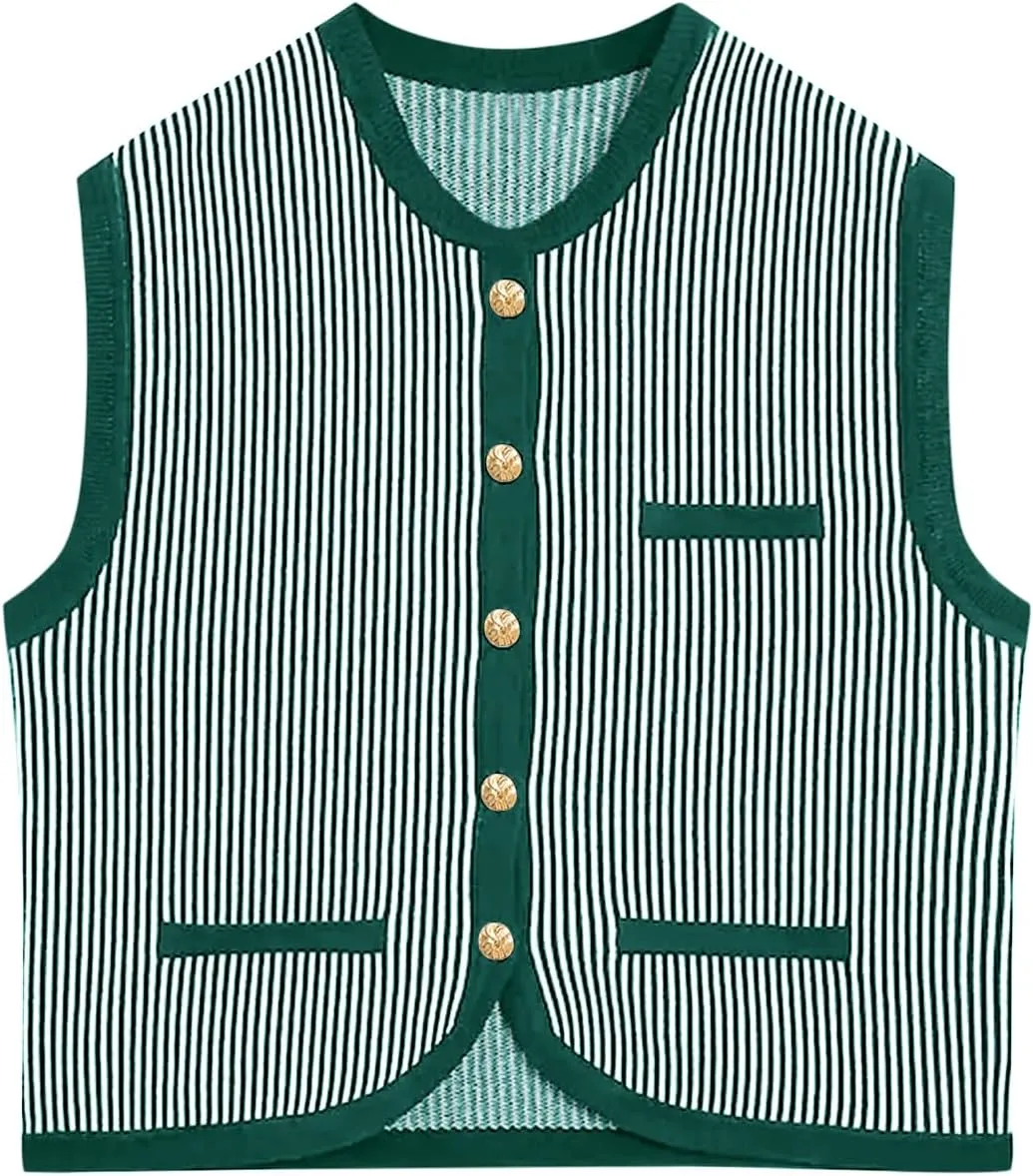 Saodimallsu Womens Striped Sweater Vest Sleeveless Button Down Trendy Color Block Crewneck Crop Knit Tank Tops