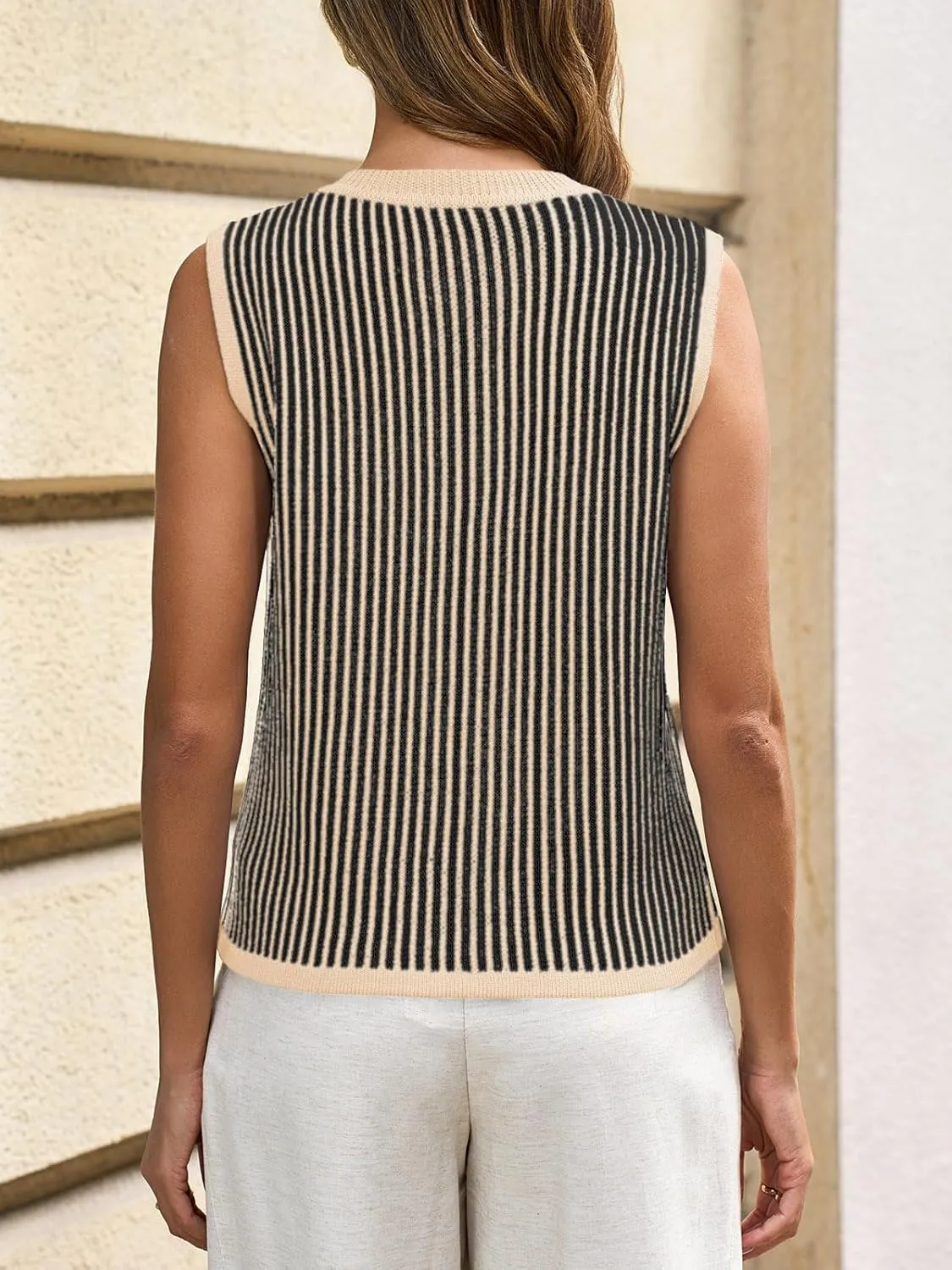 Saodimallsu Womens Striped Sweater Vest Sleeveless Button Down Trendy Color Block Crewneck Crop Knit Tank Tops