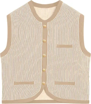 Saodimallsu Womens Striped Sweater Vest Sleeveless Button Down Trendy Color Block Crewneck Crop Knit Tank Tops