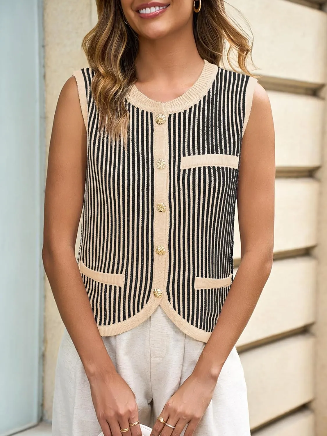 Saodimallsu Womens Striped Sweater Vest Sleeveless Button Down Trendy Color Block Crewneck Crop Knit Tank Tops