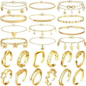 Sasylvia 24 Pcs Anklet and Toe Ring Set for Women Girl Silver Gold Layered Anklet Chain Adjustable Open Toe Ring Foot Jewelry