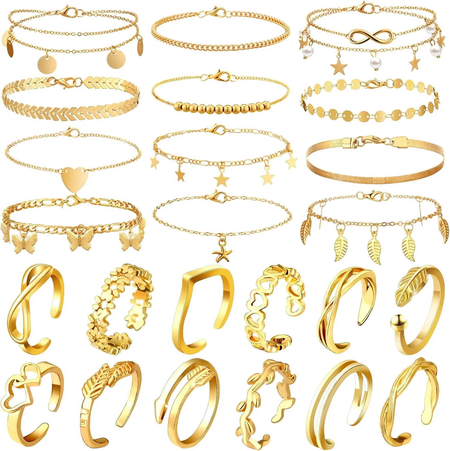Sasylvia 24 Pcs Anklet and Toe Ring Set for Women Girl Silver Gold Layered Anklet Chain Adjustable Open Toe Ring Foot Jewelry