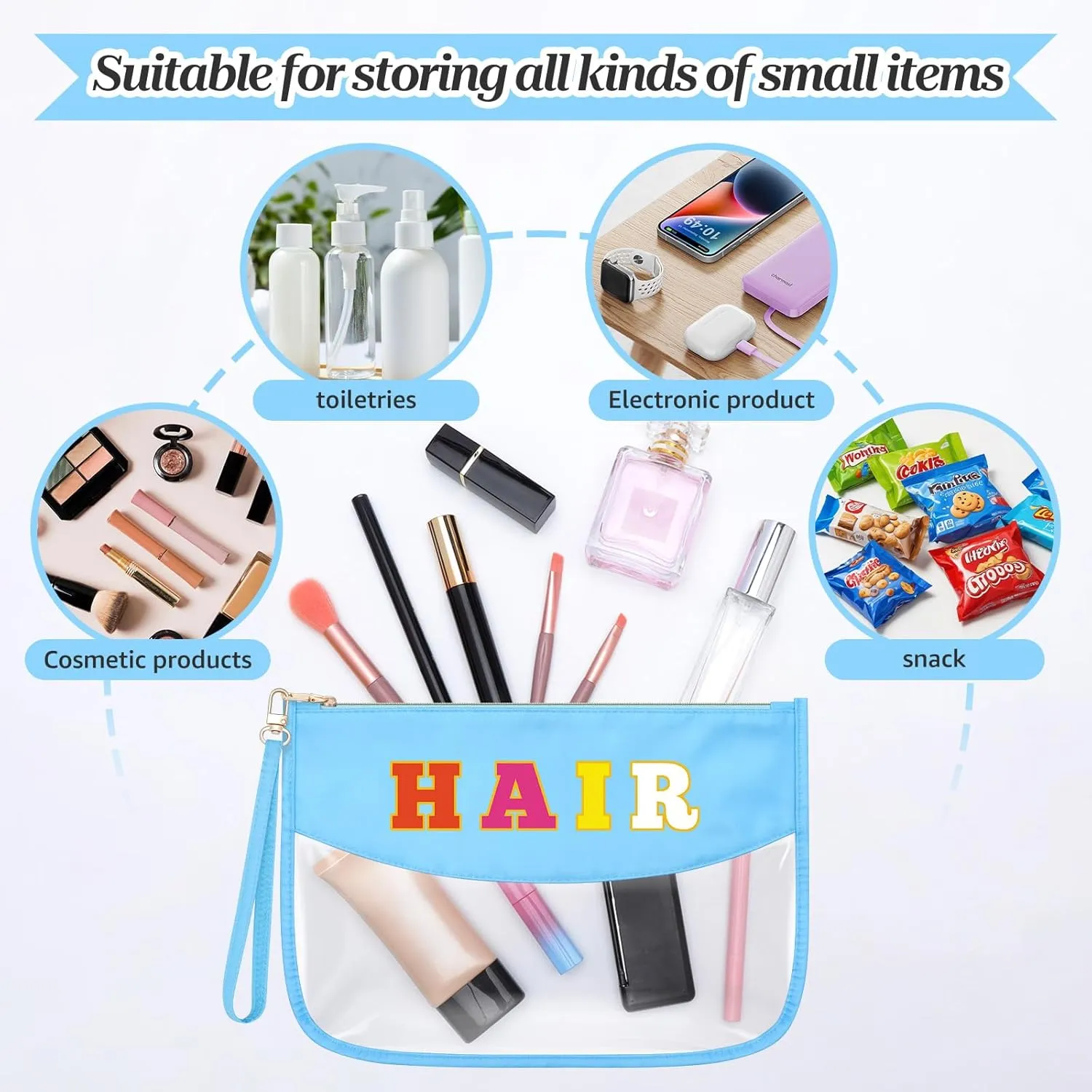 Sazuwu Chenille Letter Makeup Bag with Zipper Preppy Hair Accessories for Girls Transparent PVC Cosmetic Travel Bag Organizer Portable Travel Pouches Makeup Toiletry Bag Organizer Storage Pouch