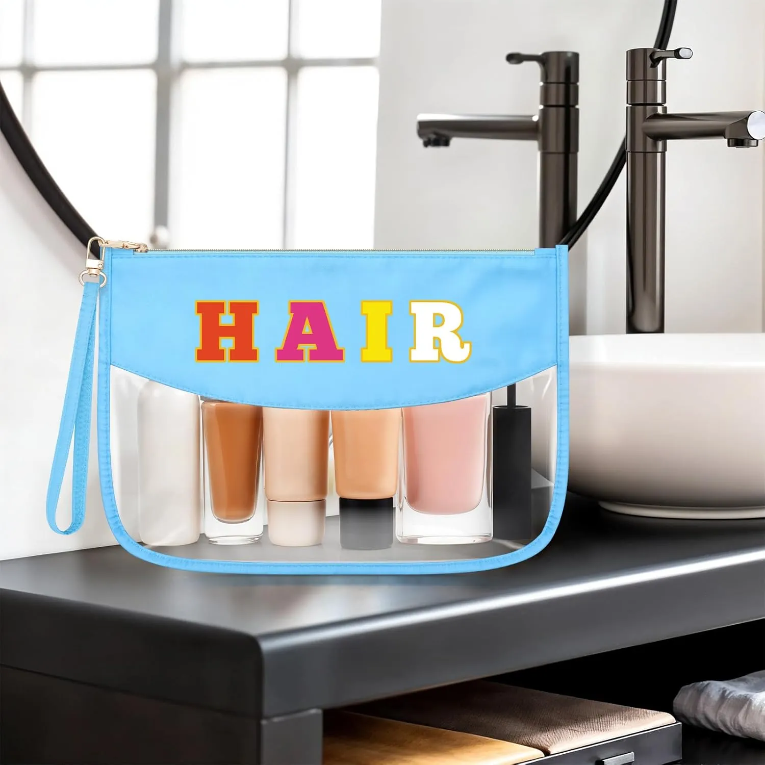 Sazuwu Chenille Letter Makeup Bag with Zipper Preppy Hair Accessories for Girls Transparent PVC Cosmetic Travel Bag Organizer Portable Travel Pouches Makeup Toiletry Bag Organizer Storage Pouch