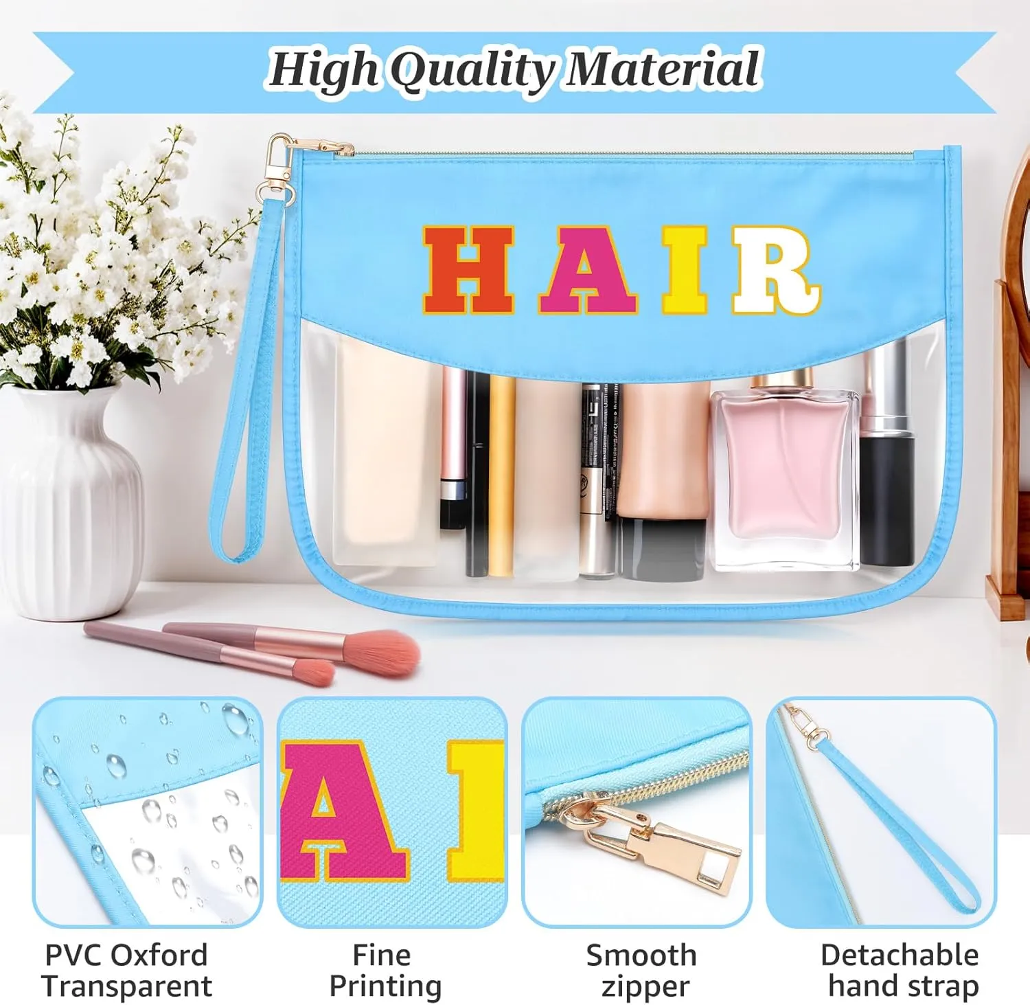 Sazuwu Chenille Letter Makeup Bag with Zipper Preppy Hair Accessories for Girls Transparent PVC Cosmetic Travel Bag Organizer Portable Travel Pouches Makeup Toiletry Bag Organizer Storage Pouch