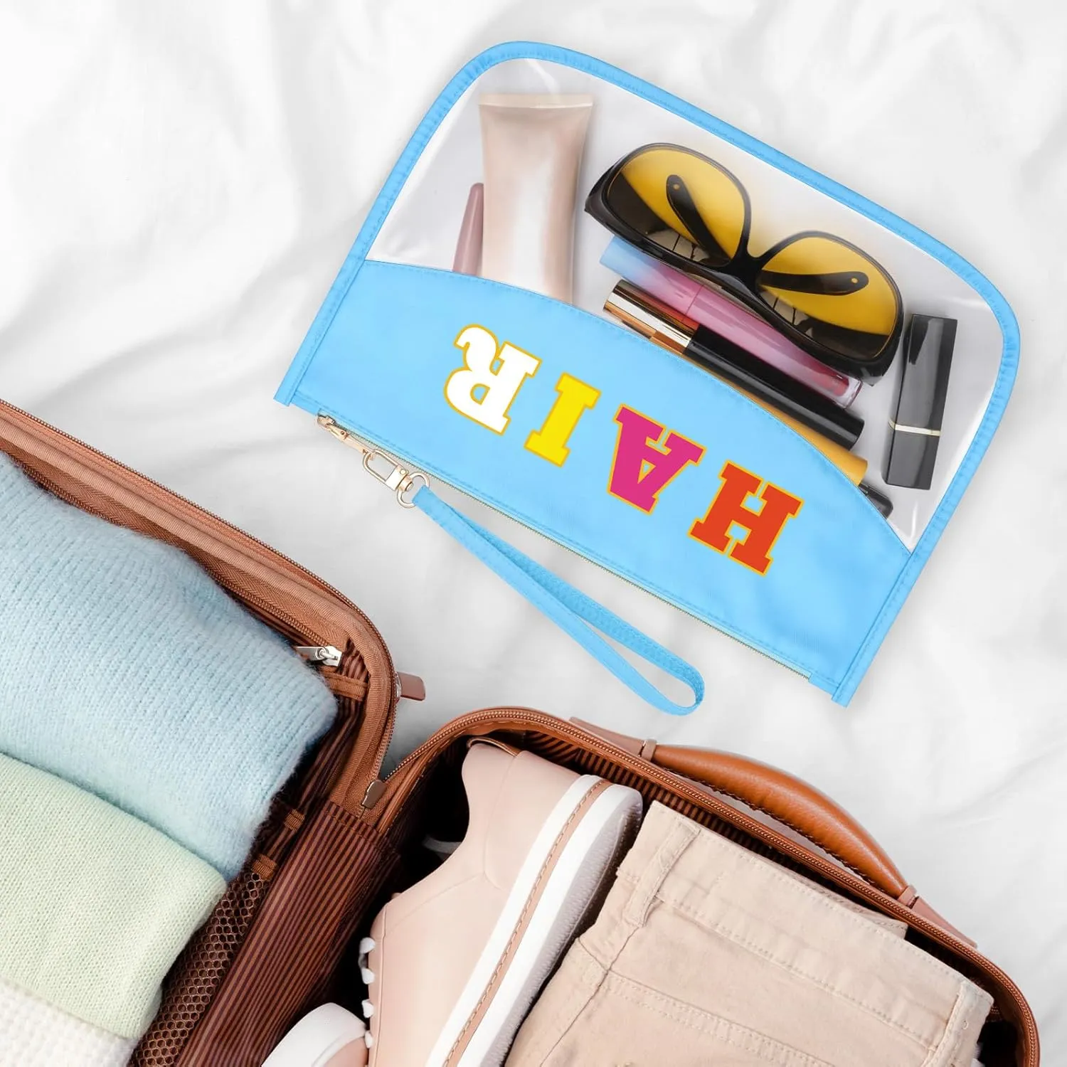 Sazuwu Chenille Letter Makeup Bag with Zipper Preppy Hair Accessories for Girls Transparent PVC Cosmetic Travel Bag Organizer Portable Travel Pouches Makeup Toiletry Bag Organizer Storage Pouch