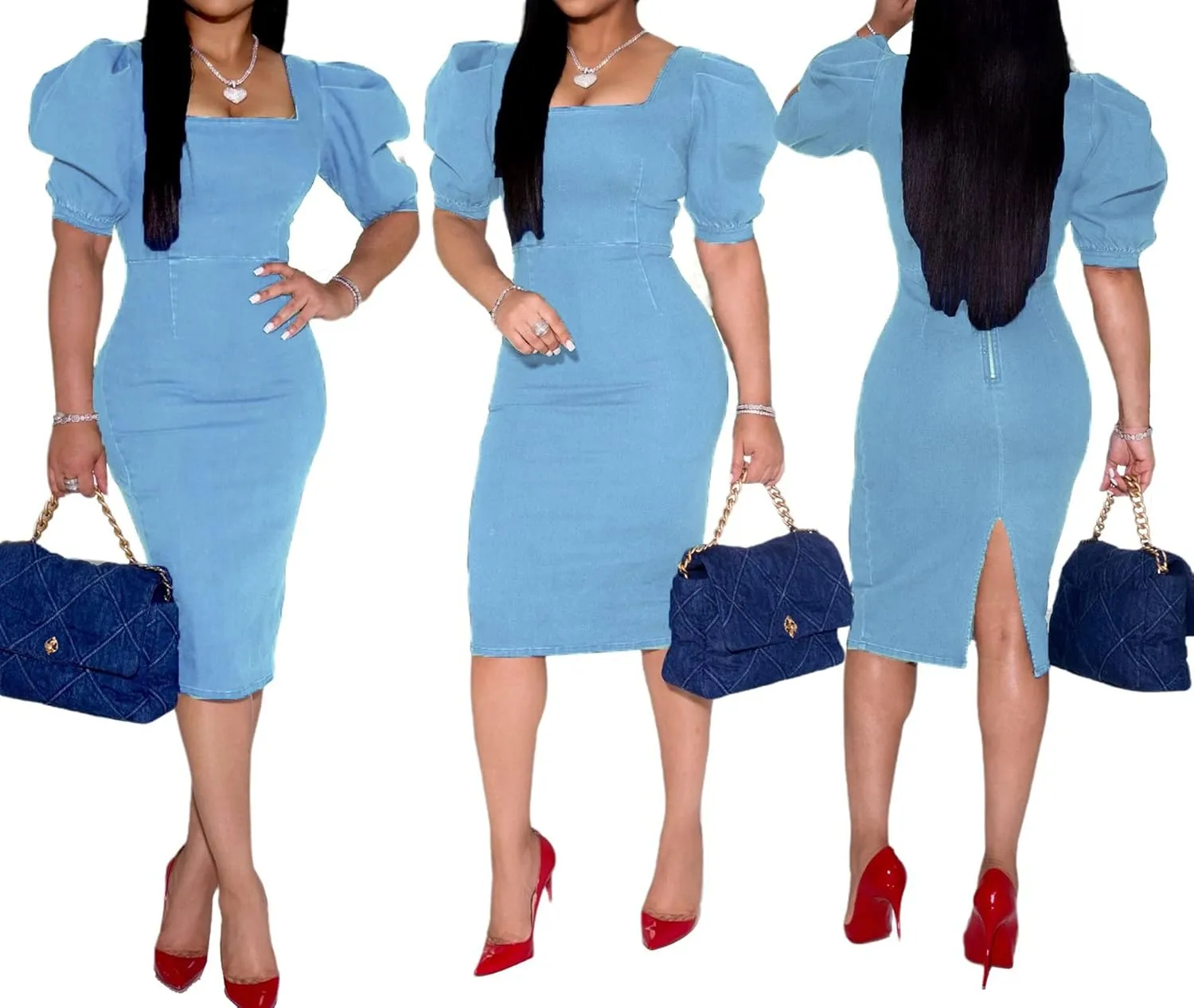 SeNight Women Denim Dresses Elegant Sexy Short Sleeve Jean Party Dress