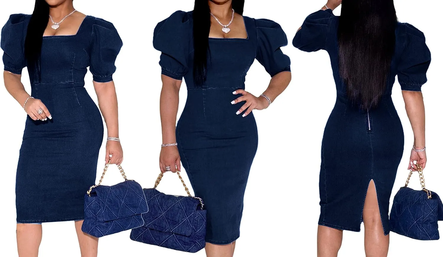 SeNight Women Denim Dresses Elegant Sexy Short Sleeve Jean Party Dress