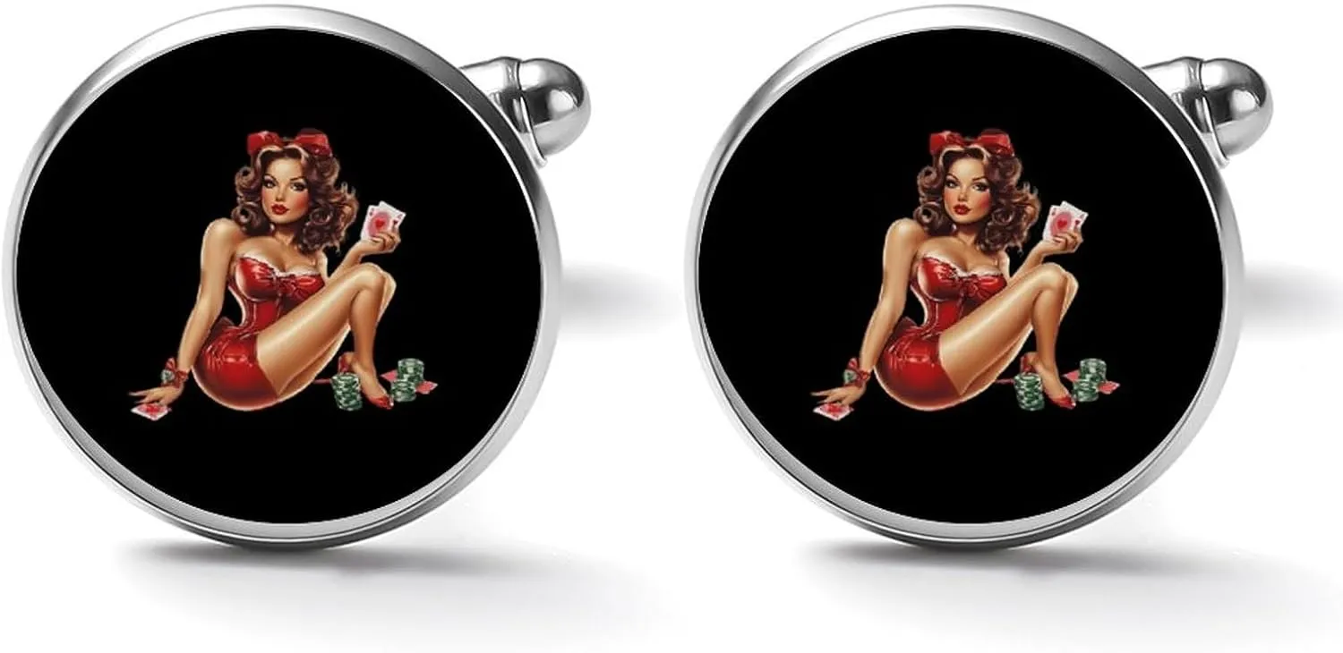 Sexy Lady Luck Poker Pin Up 1 Pair Men's Cuff Links Alloy Personalized Cufflinks Shirt Accessories Business Wedding Gift