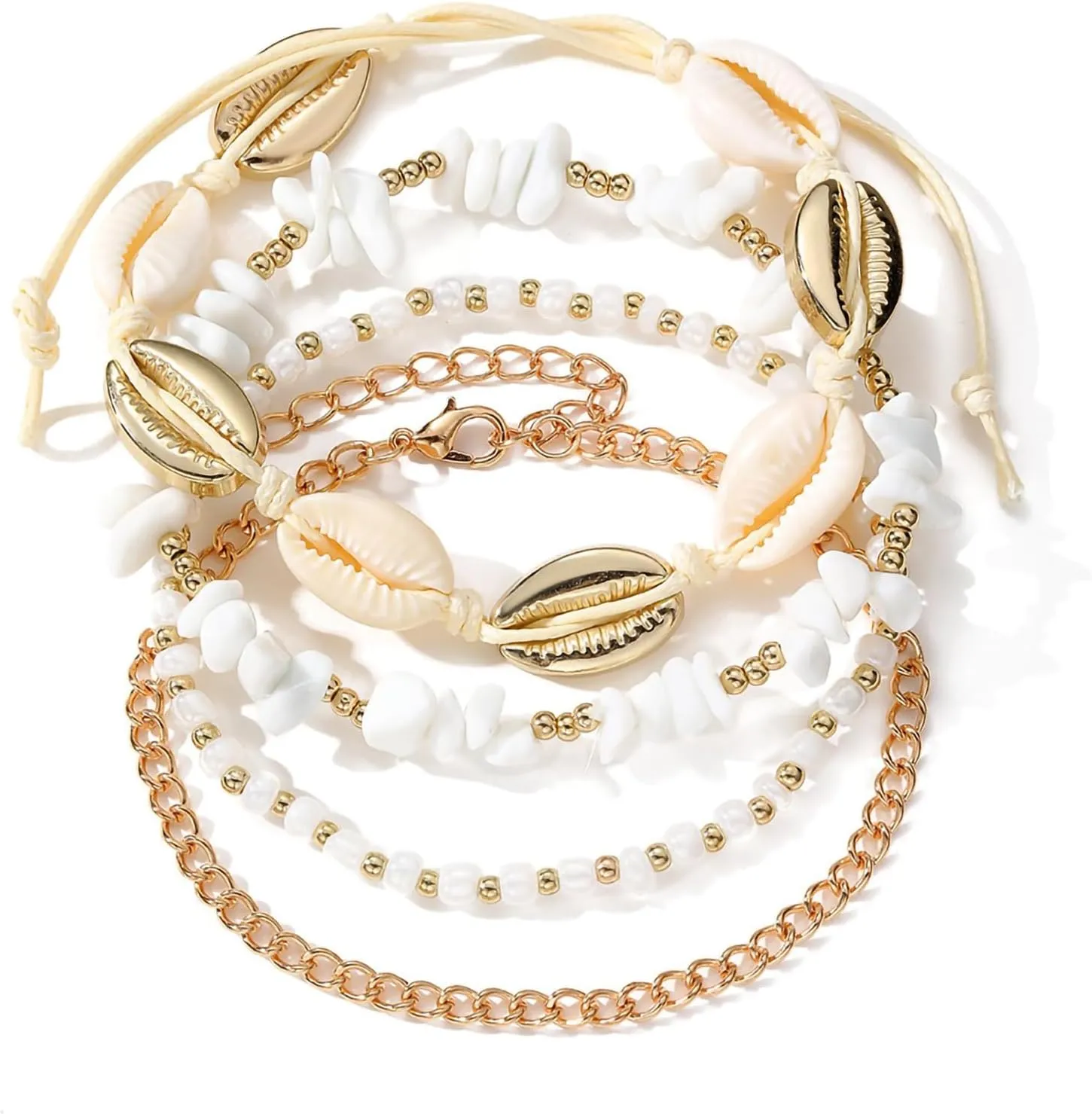 Shell Ankle Bracelet Set for Women, 14K Gold Boho Bead Adjustable Anklet, Hawaiian Beach Seashell Pearl Heart Starfish Conch Foot Jewelry Gifts