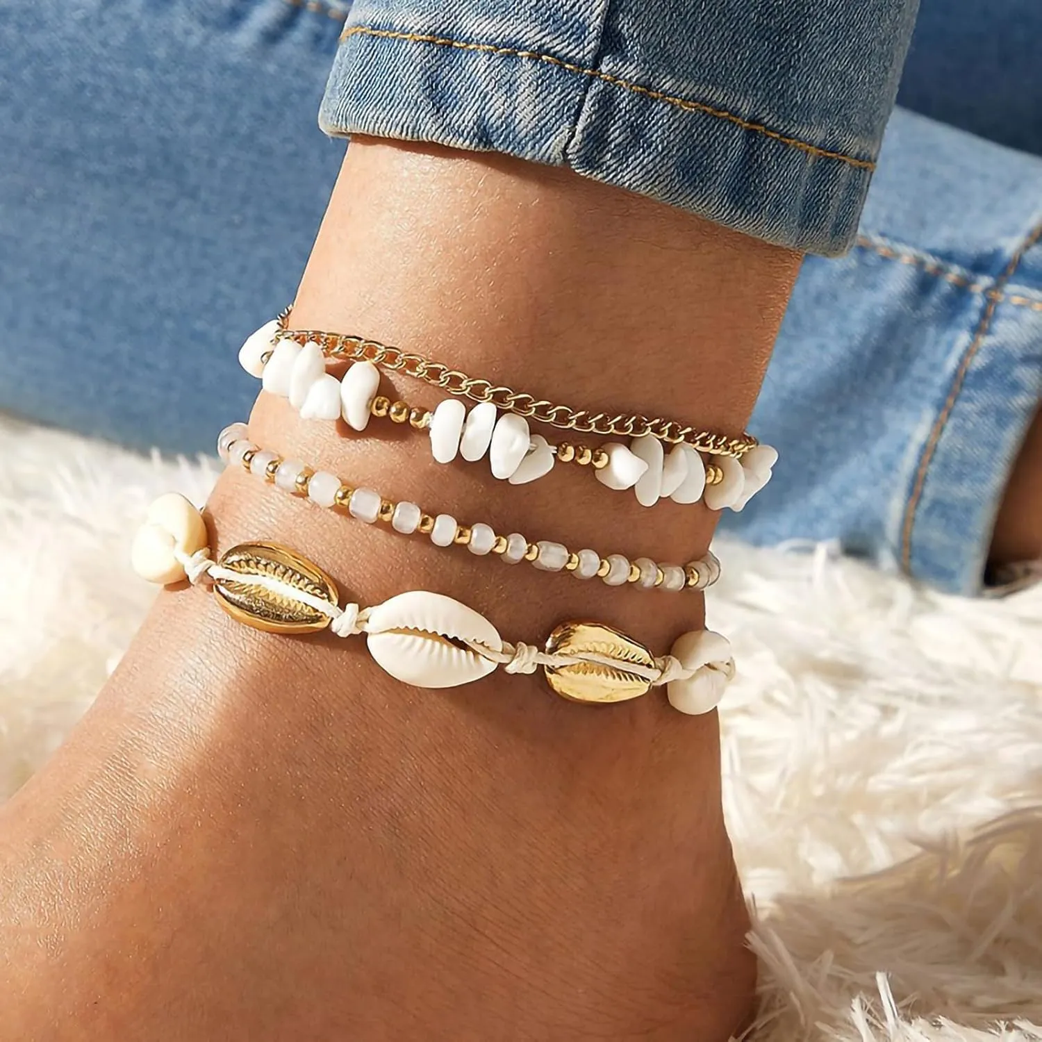 Shell Ankle Bracelet Set for Women, 14K Gold Boho Bead Adjustable Anklet, Hawaiian Beach Seashell Pearl Heart Starfish Conch Foot Jewelry Gifts