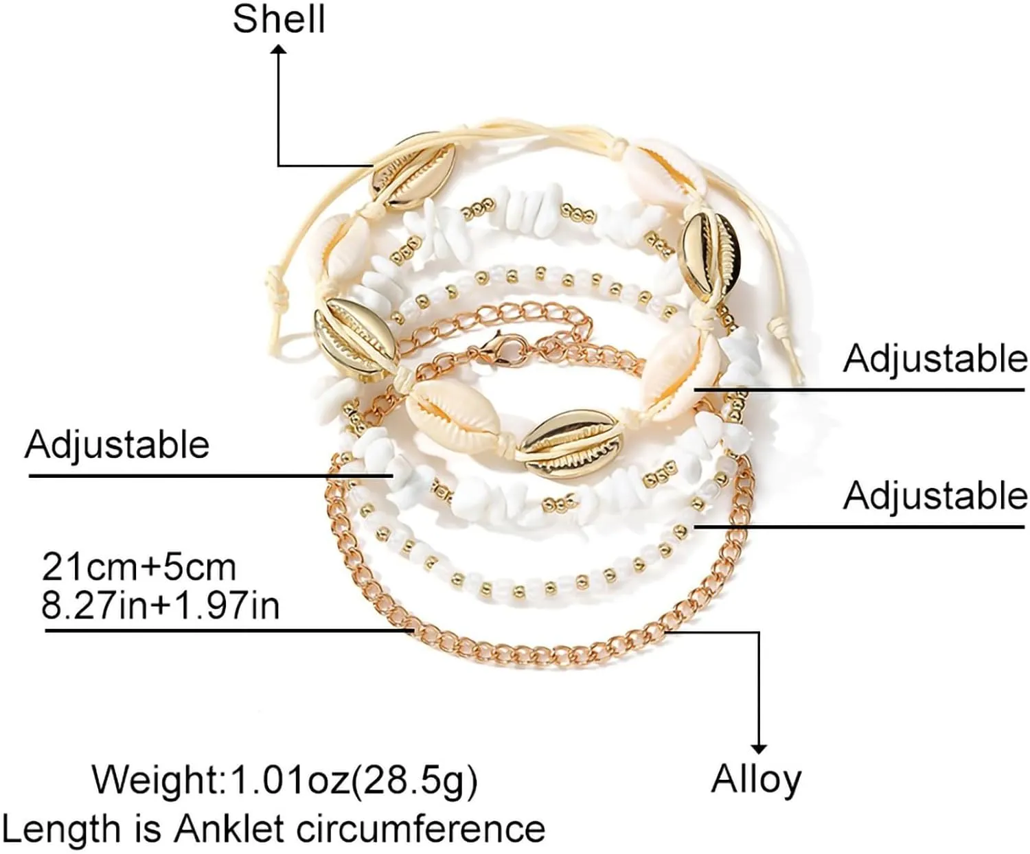 Shell Ankle Bracelet Set for Women, 14K Gold Boho Bead Adjustable Anklet, Hawaiian Beach Seashell Pearl Heart Starfish Conch Foot Jewelry Gifts