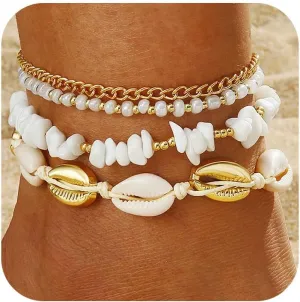 Shell Ankle Bracelet Set for Women, 14K Gold Boho Bead Adjustable Anklet, Hawaiian Beach Seashell Pearl Heart Starfish Conch Foot Jewelry Gifts