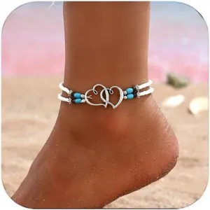 Shell Beaded Ankle Bracelet for Women, Double Layered Hollow Heart Sea Shell & Starfish Anklet Boho Turquoise Elastic Anklet Bracelet Summer Beach Foot Jewelry
