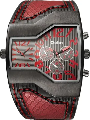 ShoppeWatch Unique Mens Watch Large Dial Dual Time Display | Big Face Watch for Men | Quartz Movement Leather Band | Oversize Dress Watch