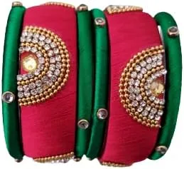 Sihan Handicrafts Kundan Work Silk Thread Bangle Kada For Women Girls 6 PC Set Wedding & Festive Occasion Handmade Multicolored Chura Chuda Chudi Stone Studded, 2.4, Metal, zircon