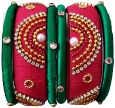 Sihan Handicrafts Kundan Work Silk Thread Bangle Kada For Women Girls 6 PC Set Wedding & Festive Occasion Handmade Multicolored Chura Chuda Chudi Stone Studded, 2.4, Metal