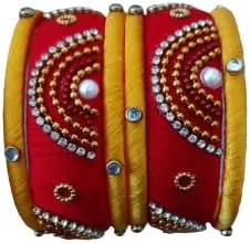 Sihan Handicrafts Kundan Work Silk Thread Bangle Kada For Women Girls 6 PC Set Wedding & Festive Occasion Handmade Multicolored Chura Chuda Chudi Stone Studded, 2.4, Metal
