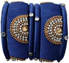 Sihan Handicrafts Kundan Work Silk Thread Bangle Kada For Women Girls 6 PC Set Wedding & Festive Occasion Handmade Multicolored Chura Chuda Chudi Stone Studded, 2.6, Metal