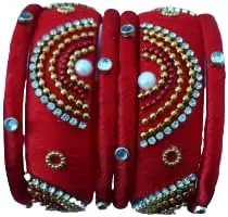 Sihan Handicrafts Kundan Work Silk Thread Bangle Kada For Women Girls 6 PC Set Wedding & Festive Occasion Handmade Multicolored Chura Chuda Chudi Stone Studded, 2.6, Metal