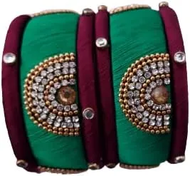 Sihan Handicrafts Kundan Work Silk Thread Bangle Kada For Women Girls 6 PC Set Wedding & Festive Occasion Handmade Multicolored Chura Chuda Chudi Stone Studded, 2.6, Metal