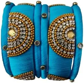 Sihan Handicrafts Kundan Work Silk Thread Bangle Kada For Women Girls 6 PC Set Wedding & Festive Occasion Handmade Multicolored Chura Chuda Chudi Stone Studded, 2.8, Metal
