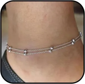 Silver Layered Anklets for Women Sliver Beaded Waterproof Anklet Adjustable Link Anklets Stackable Dainty Anklets Summer Beach Jewelry for Women