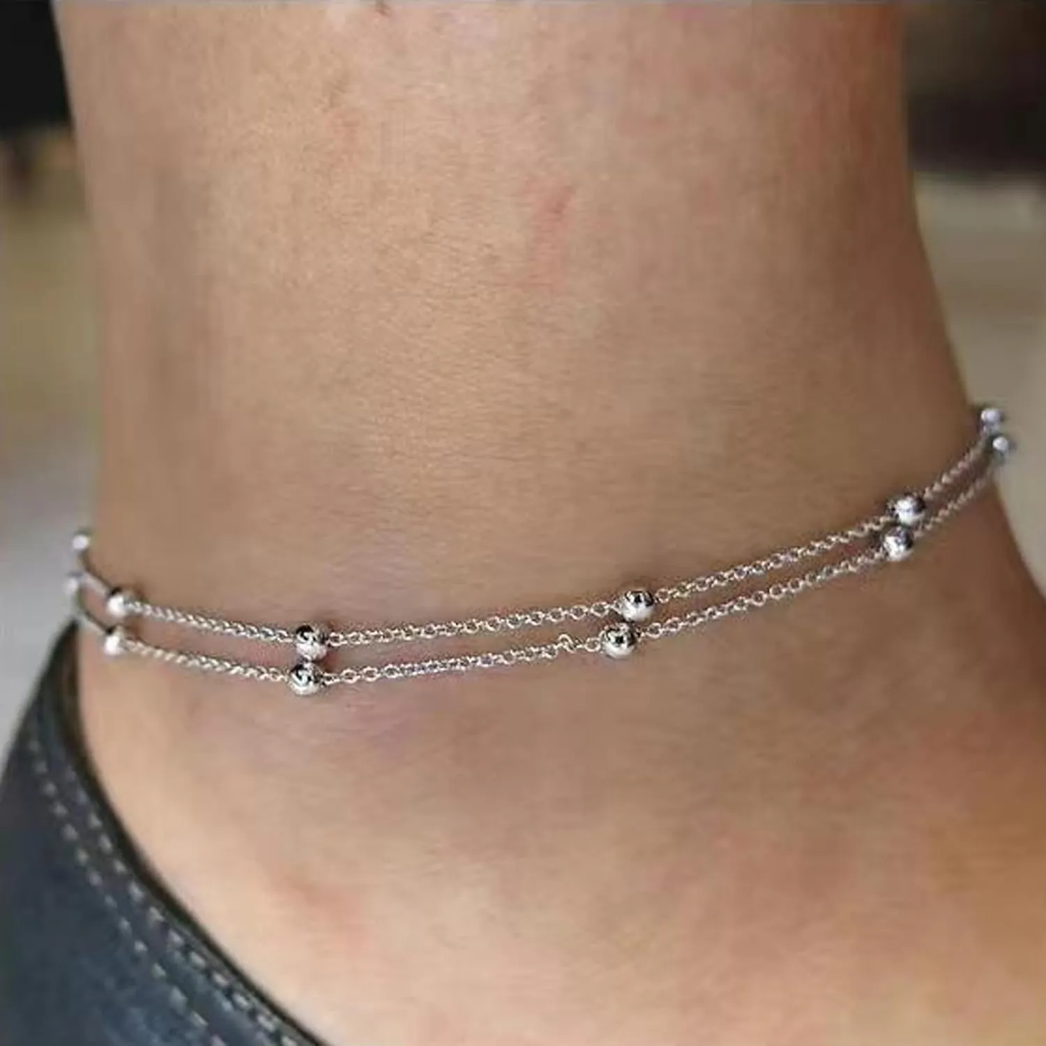 Silver Layered Anklets for Women Sliver Beaded Waterproof Anklet Adjustable Link Anklets Stackable Dainty Anklets Summer Beach Jewelry for Women